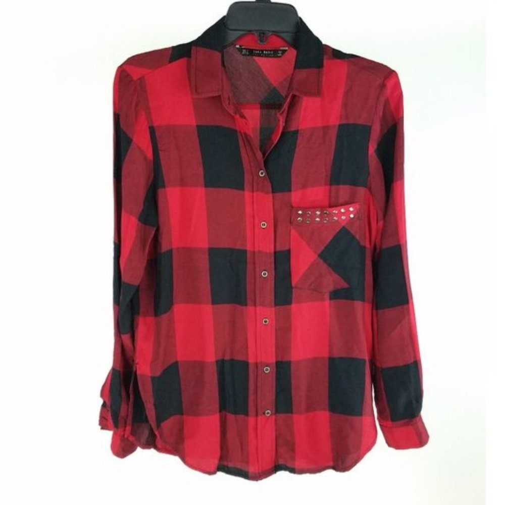 Zara Red Black Buffalo Plaid Button Down Top